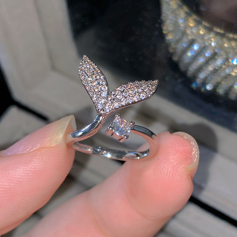 Sweet Elegant Heart Butterfly Brass Ring with Cubic Zirconia Handmade Adjustable
