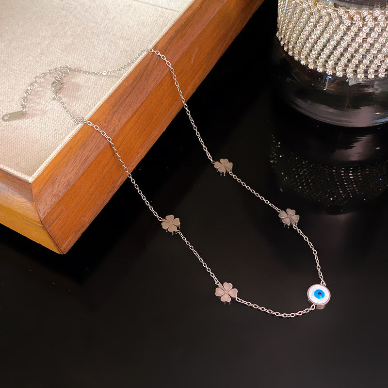 Elegant Evil Eye Four-Leaf Clover Double Layer Titanium Steel Necklace for Women