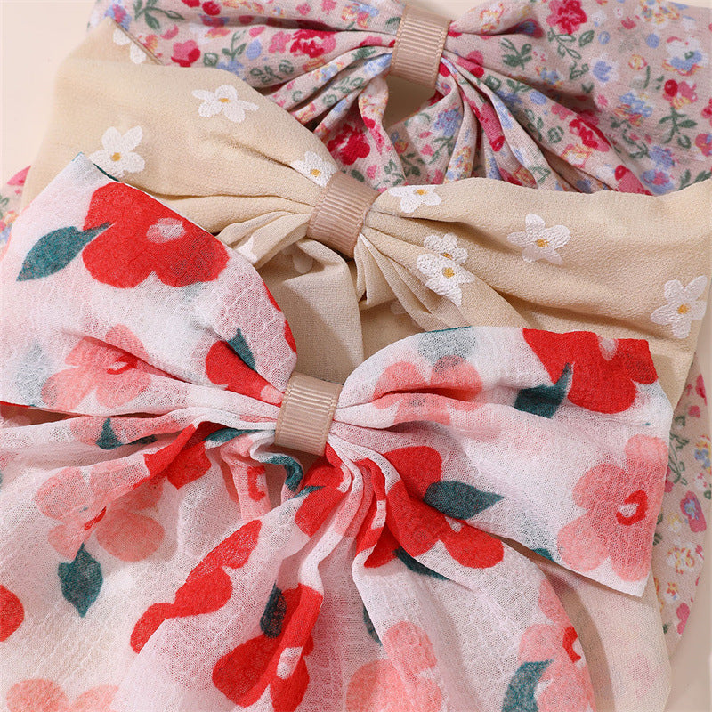 Natural Style Double-Layer Bow Hair Clip with Floral Print Satin Ribbon and Spring Clamp for Girls