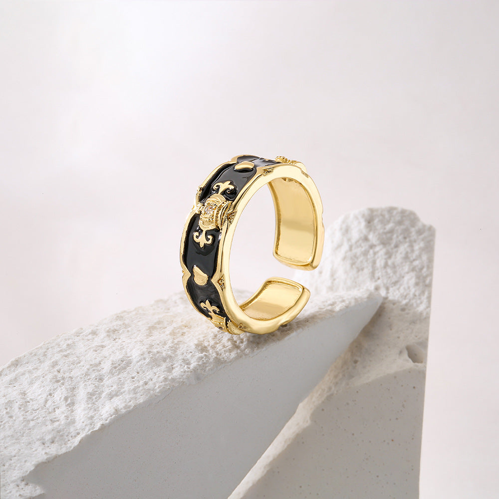 Minimalist Geometric Copper Ring with 18K Gold Plating, Enamel Crown Design and Zircon Inlay for Women
