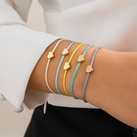 Minimalist Pull-Adjustable Small Heart Bracelet Set in Alloy with Plated Finish for Women, Sweet and Forest-Inspired Colorful Stackable Wristband