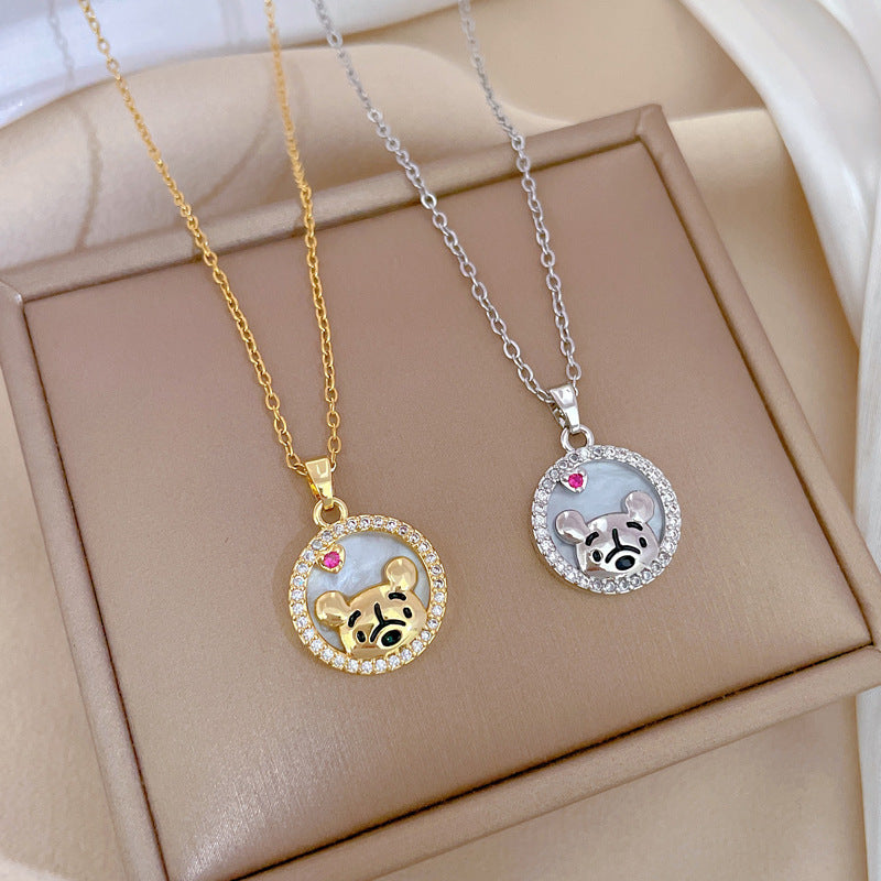 Luxury Rhinestone-Encrusted Bear Pendant Necklace in Titanium Steel with Enamel Finish Geometric Design for Women and Men