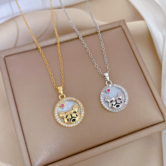 Luxury Rhinestone-Encrusted Bear Pendant Necklace in Titanium Steel with Enamel Finish Geometric Design for Women and Men