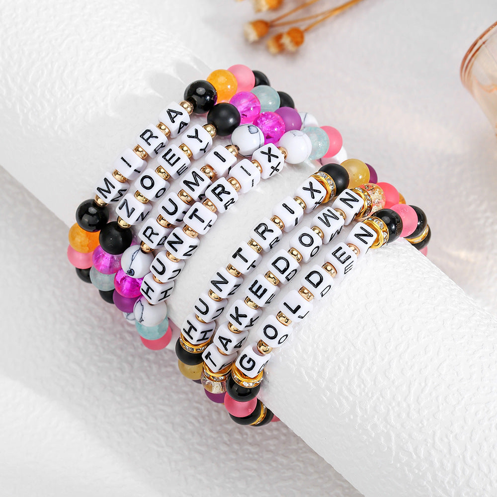 Cute Handmade Acrylic Glass Letter Round Beaded Stretch Bracelet