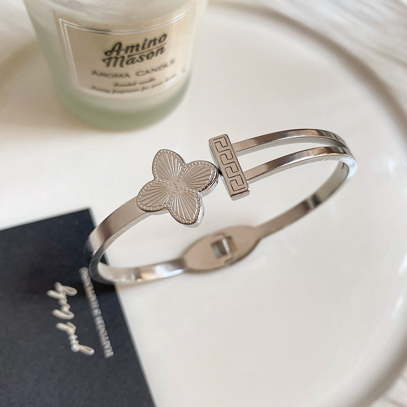Minimalist Laser Plated Floral Titanium Steel Open Cuff Bracelet