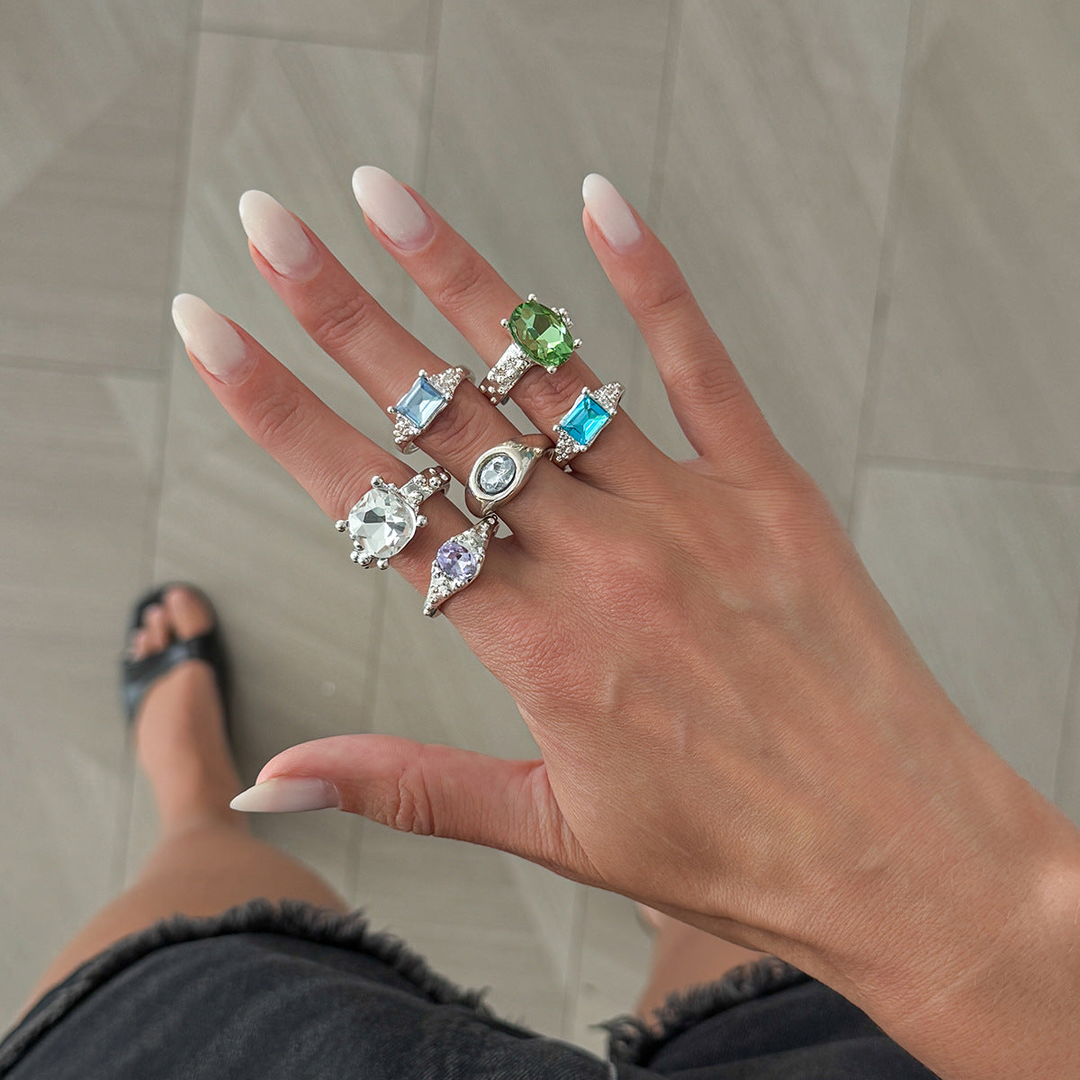 Sweet Geometric Square Zinc Alloy Plated Ring with Colorful Gemstone Inlay for Women