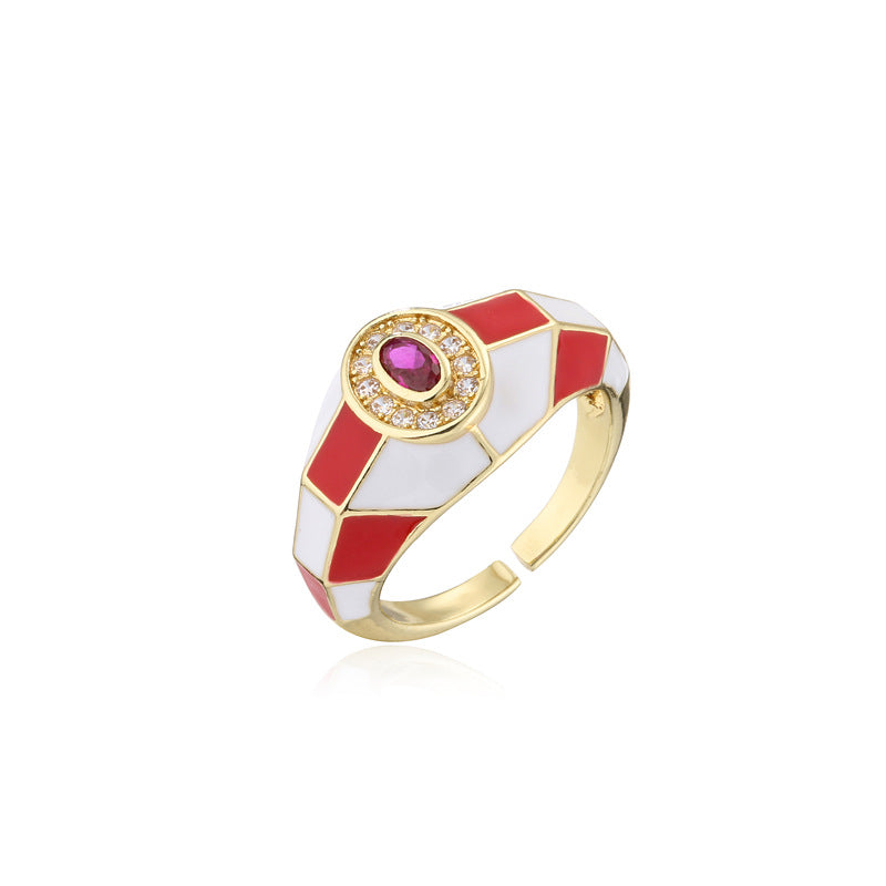 Sweet 18K Gold Plated Square Geometric Brass Ring with Drip Oil and Cubic Zirconia Inlay for Women