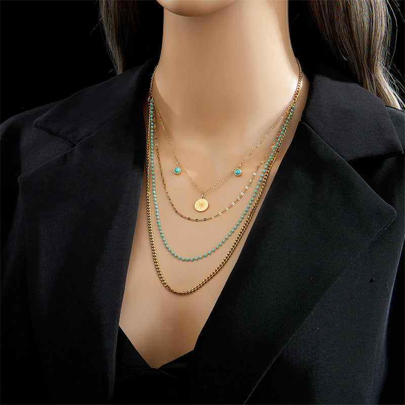 Collana con ciondolo rotondo a stella a otto punte irregolare geometrica in acciaio al titanio placcato