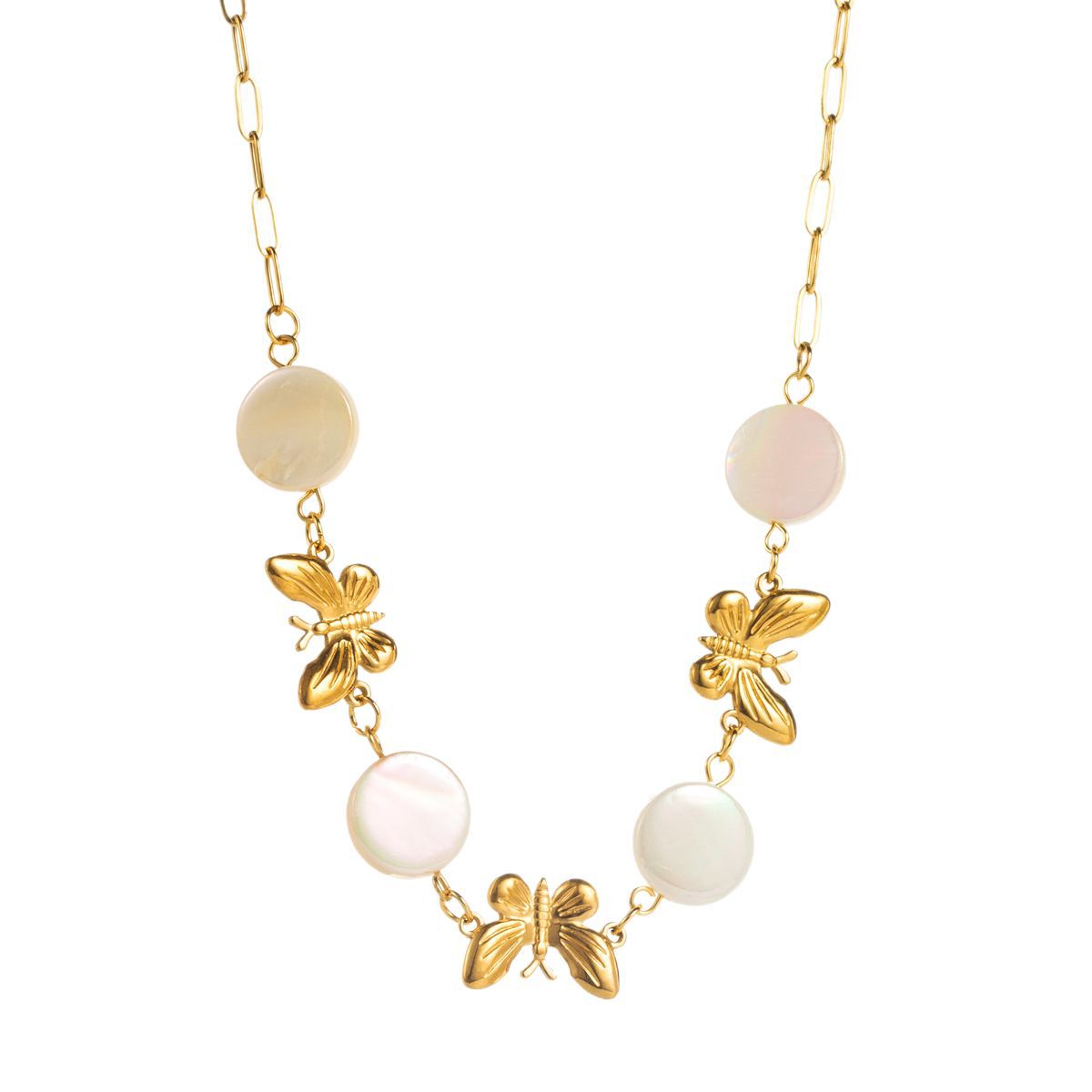 Collana Vintage a Farfalla in Acciaio Inossidabile con Placcatura in Oro 14K e Dettagli in Conchiglia