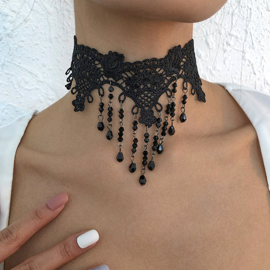 Sweet and Edgy Geometric Lace Choker Necklace for Women with Rhinestone Pumpkin and Skull Accents Halloween Themed