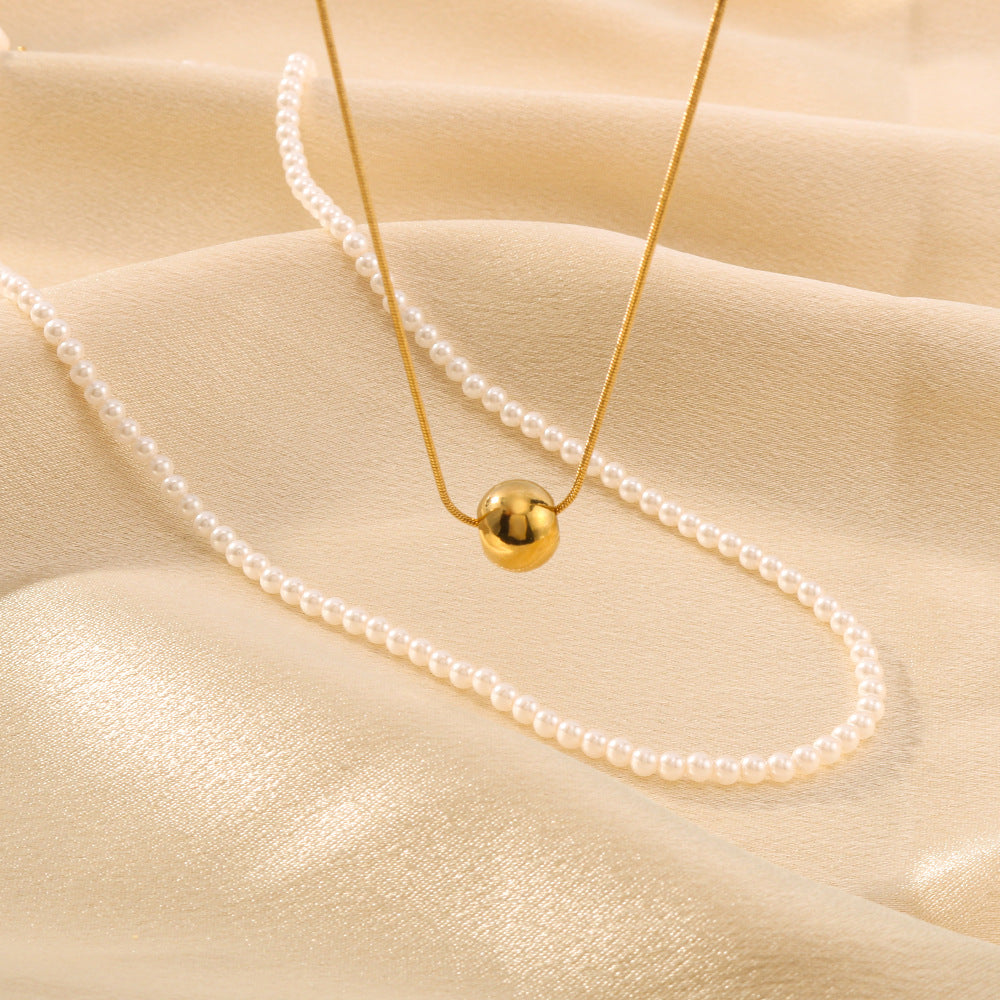 Minimalist Geometric Round Ball Pendant Necklace with 18K Gold Plating Stainless Steel Chain and Pearl Accent for Women