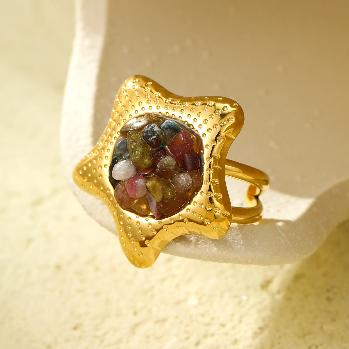 Elegante Anillo de Acero Inoxidable con Forma de Estrella, Inspiración Francesa y Minimalista, con Incrustaciones de Piedras Naturales para Mujer