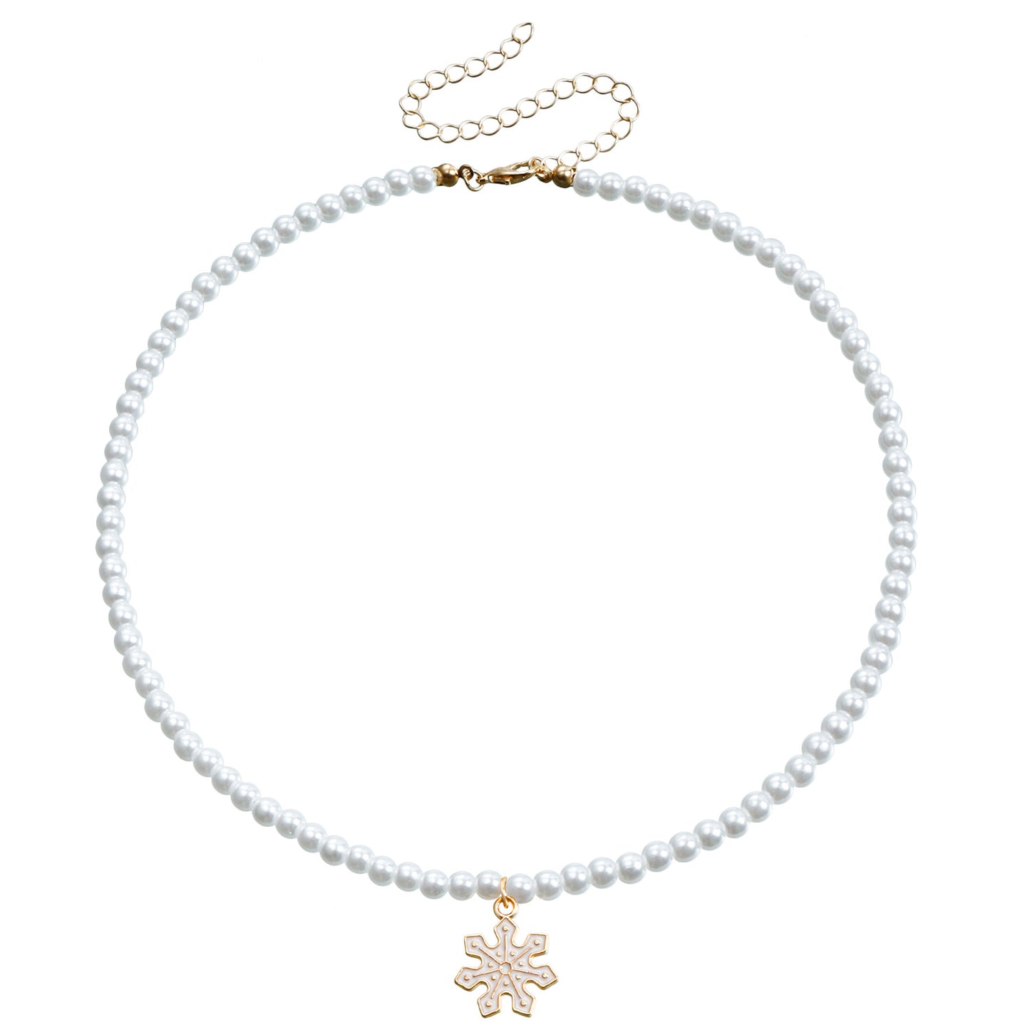 Minimalist Geometric Snowflake Pendant Necklace with Enamel Finish and Pearl Chain for Women