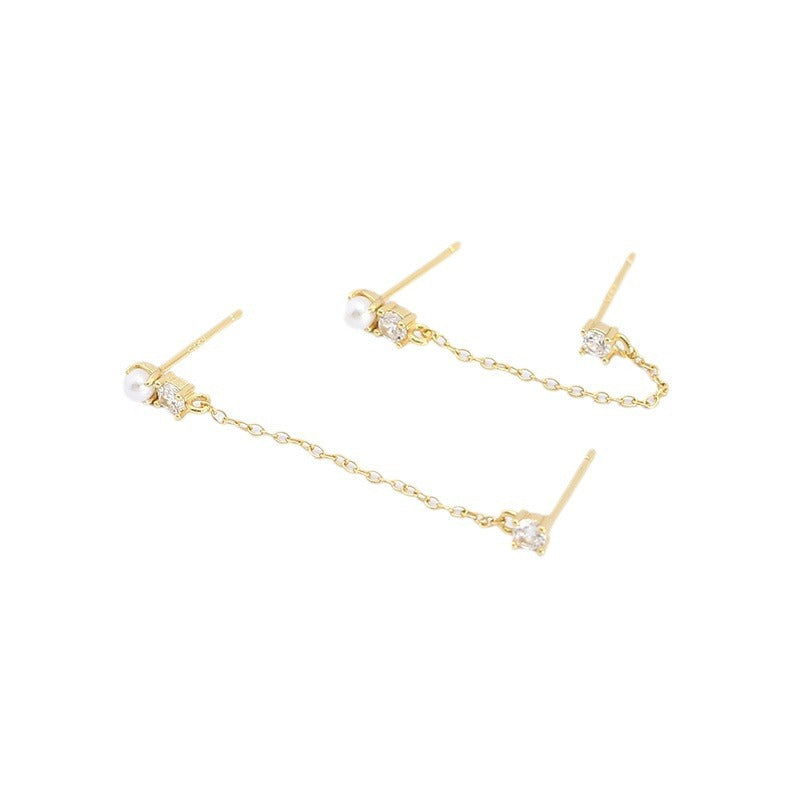 Orecchini pendenti da donna in argento sterling 925 con perle finte e intarsi in strass, design geometrico dolce e audace