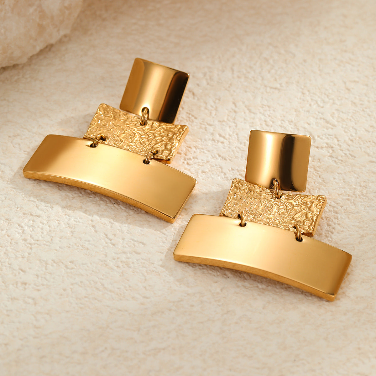 Minimalist Geometric Stainless Steel Earrings with Plated Finish for Women Unique Textured Three-Layer Design