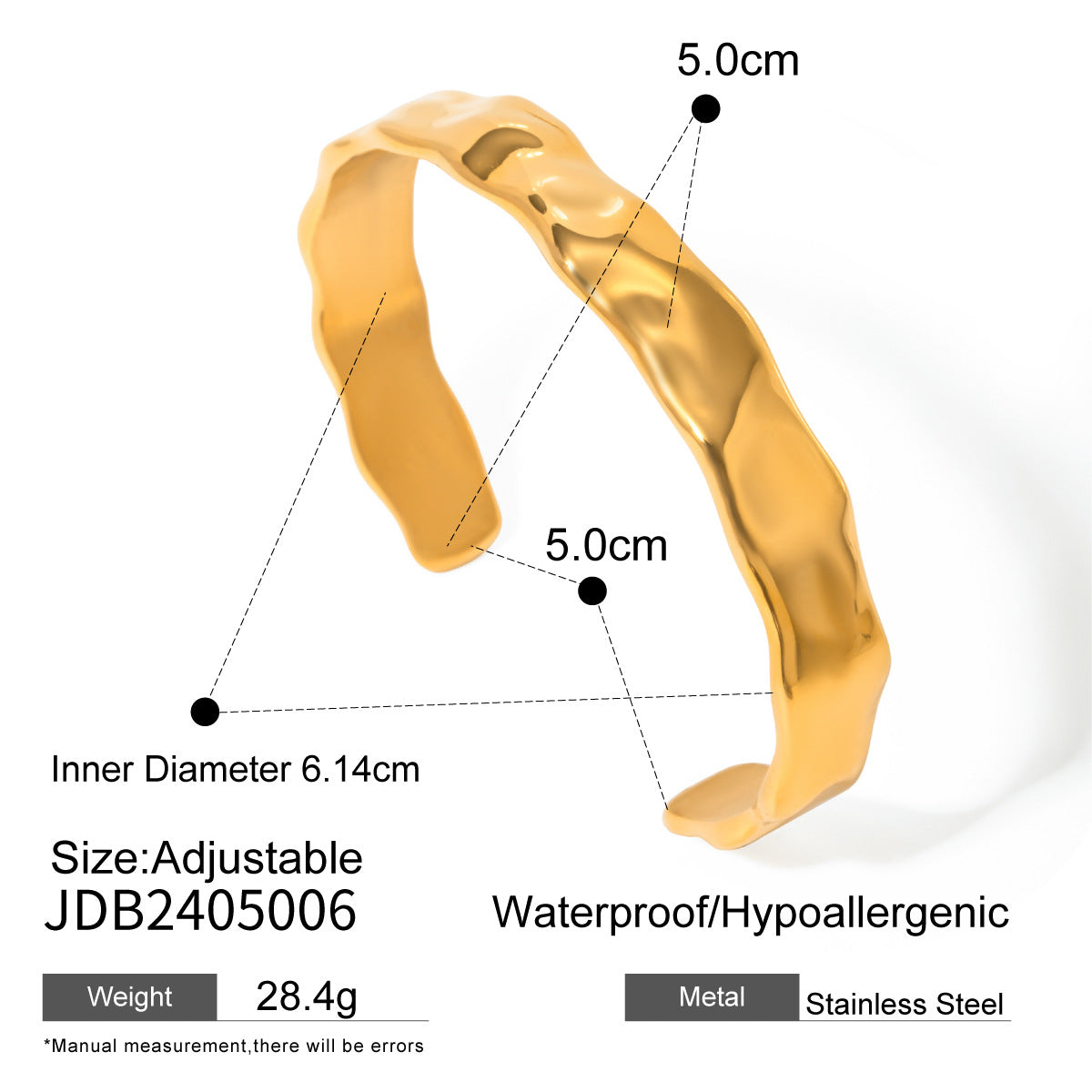 Pulsera de acero inoxidable martillado con textura ondulada y chapado en oro de 18 quilates para mujer, joyería de mano geométrica minimalista a la moda