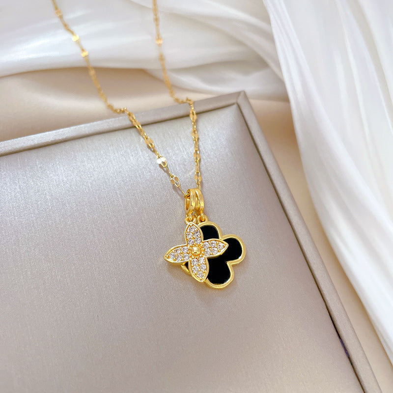 Four-Leaf Clover Rhinestone Pendant Necklace for Women Titanium Steel Irregular Chain Shell Locket Floral Style