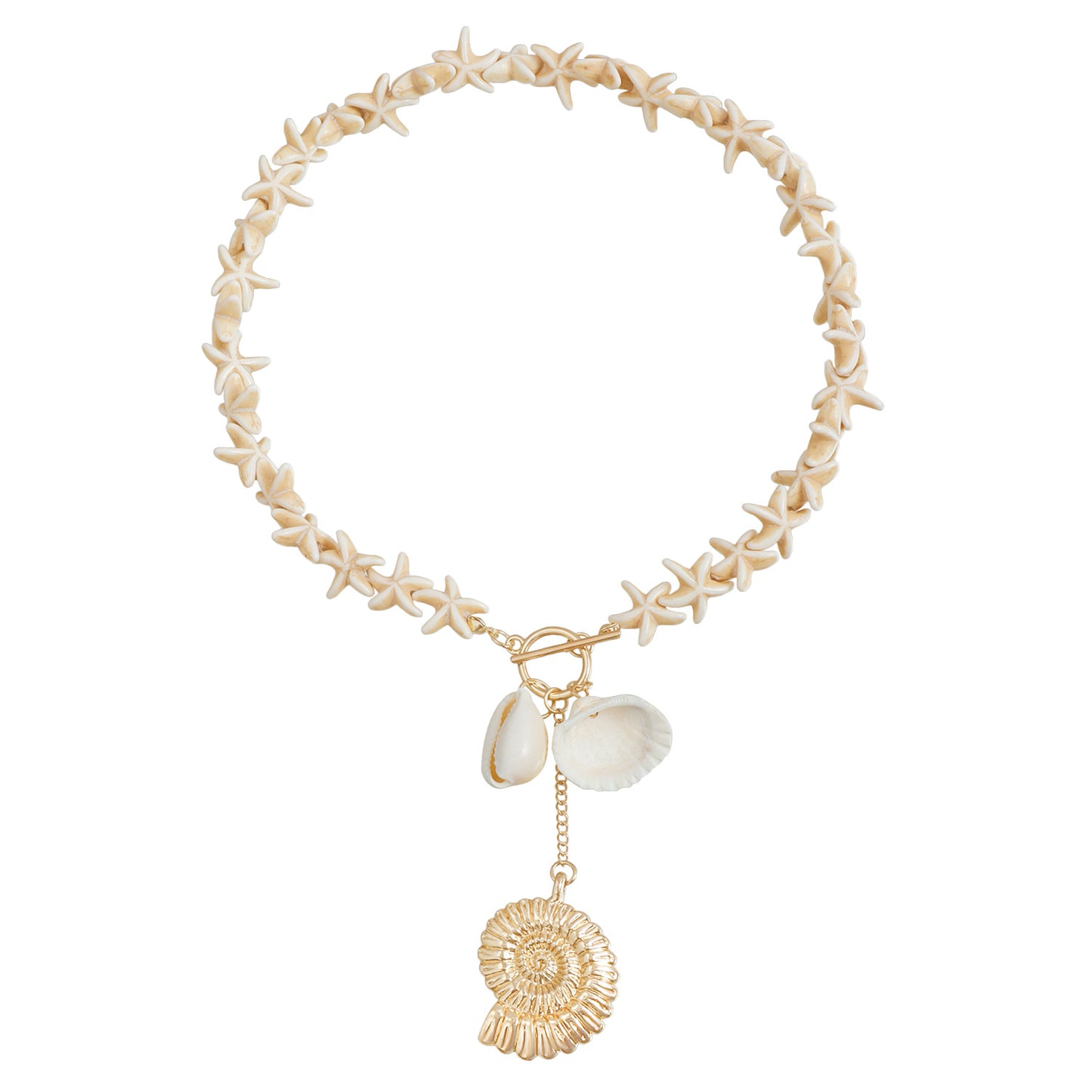 Collana pendente creativa a forma di stella marina e conchiglia per donna con design geometrico, pendente in lega, finitura galvanizzata, catena per clavicola