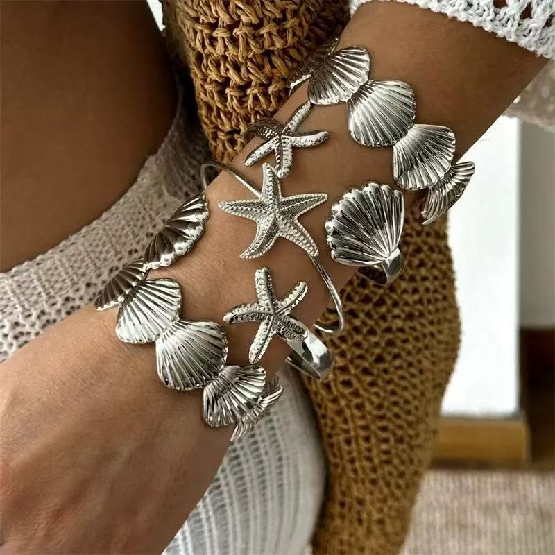 Gold Plated Alloy Geometric Starfish Shell Cuff Bracelet and Ring Set for Women