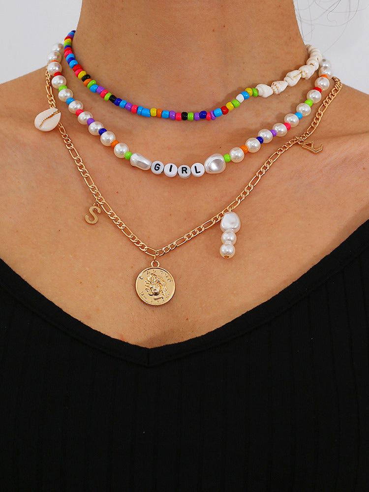 Vintage Bohemian Geometric Letter Imitation Pearl Shell Pendant Beaded Necklace for Women