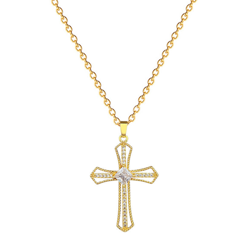 Sweet Minimalist Hollow Cross Rhinestone Titanium Steel Necklace for Unisex