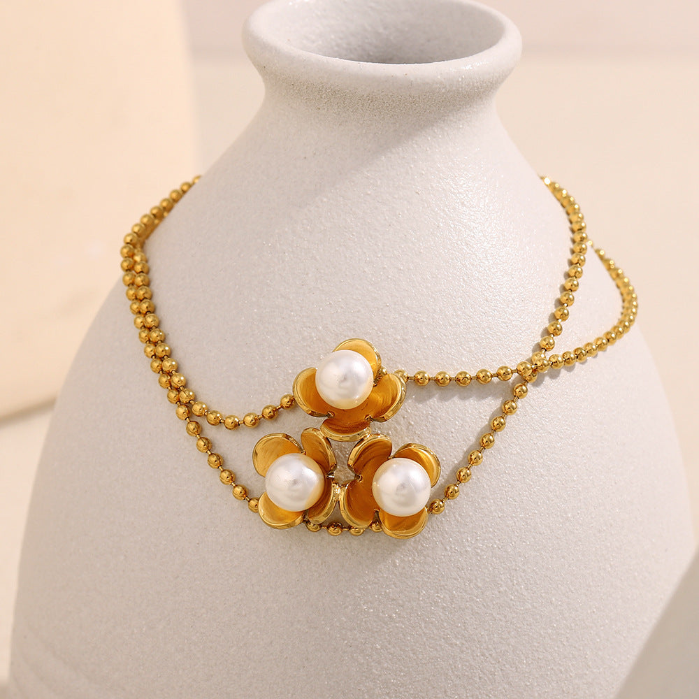 Fashionable OL Style Floral Shape Stainless Steel Plated 18K Gold Beaded Bracelet for Women