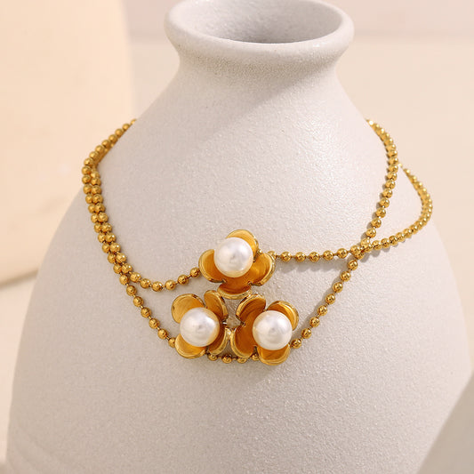 Fashionable OL Style Floral Shape Stainless Steel Plated 18K Gold Beaded Bracelet for Women