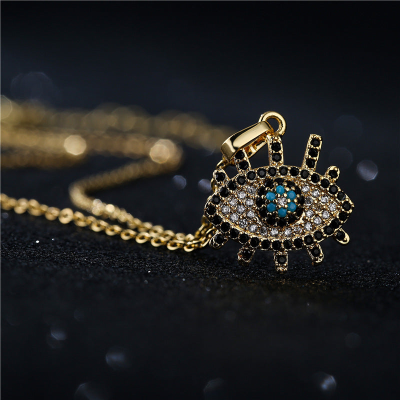 18K Gold Plated Geometric Eye Pendant Necklace with Cubic Zirconia Inlay for Women