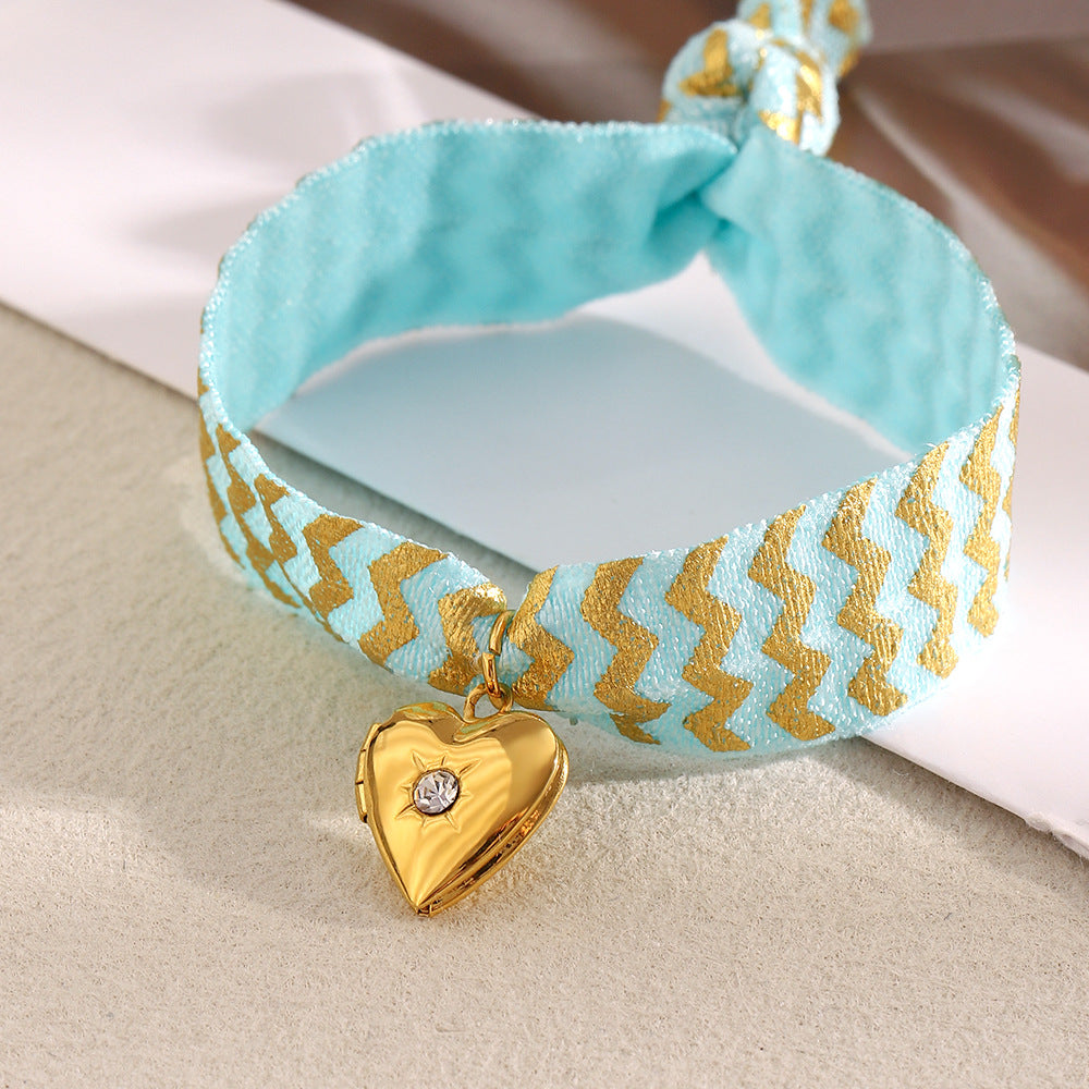 Minimalist Heart-Shaped Stainless Steel Plated 18K Gold Blue Ribbon Photo Locket Bracelet for Women