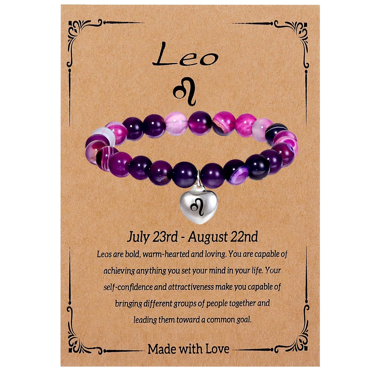 Elegant Heart Shape Agate Beaded Charm Bar for Women Zodiac Natural Stone Birthday Gift