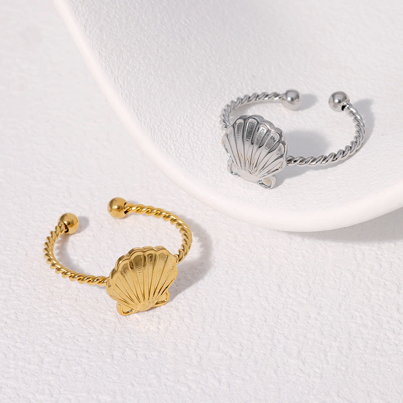 Anello da donna in acciaio inossidabile a forma di conchiglia placcato oro 18 carati, con fascia aperta regolabile