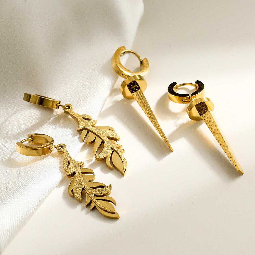 Minimalist Geometric Titanium Steel Earrings for Women with Irregular Leaf-Inspired Design