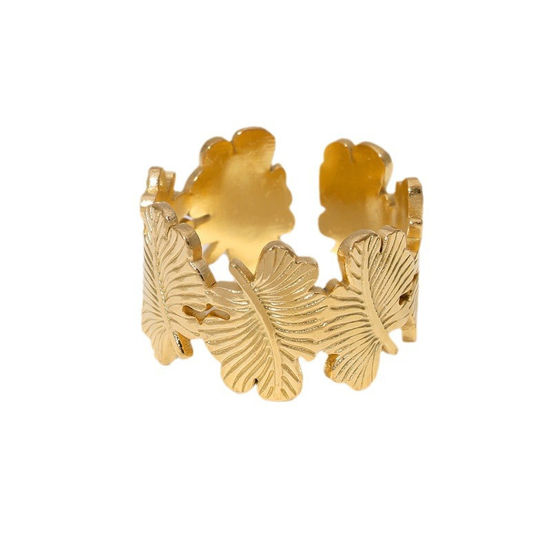 Fashion Leaf Shaped Plated Stainless Steel Ring for Women