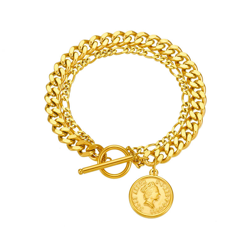 Pulsera con colgante redondo de retrato bañada en oro de acero inoxidable estilo vintage con cierre OT