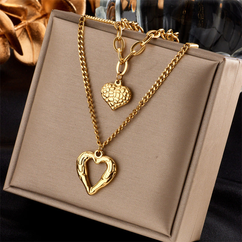 Vintage Luxury Gold Plated Heart Butterfly Round Stainless Steel Necklace with Pearl Multi-Layer