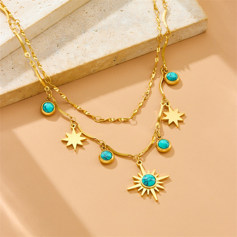 Vintage Bohemian Eight-Pointed Star Plated Stainless Steel Double Layer Necklace for Women