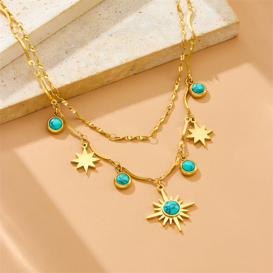 Vintage Bohemian Eight-Pointed Star Plated Stainless Steel Double Layer Necklace for Women