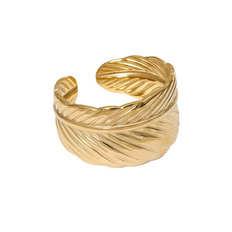 Anello Aperto Minimalista da Donna in Acciaio Inossidabile a Forma di Piuma con Finitura Placcata