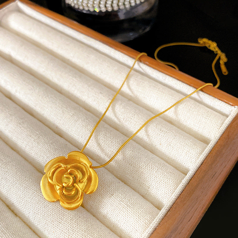 Vintage Rose Floral Titanium Steel Plated Pendant Necklace for Unisex