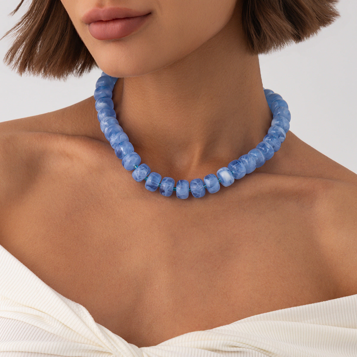 Sweet Geometric Gradient Resin Beaded Necklace Stainless Steel Chain Women's Jewelry