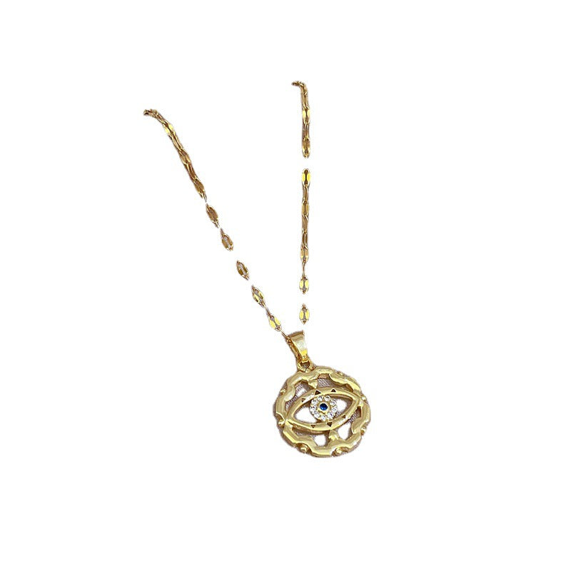 Luxury Geometric Evil Eye Necklace in Titanium Steel with Micro-Paved Zirconia, Gold-Plated Pendant and Chain