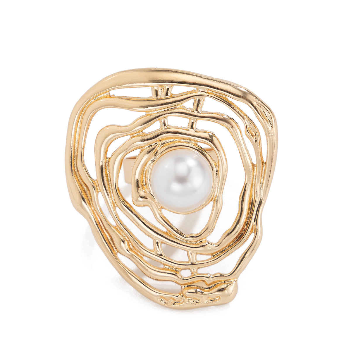 Geometric Wrinkled Imitation Pearl Ring in Alloy with Plated Finish for Women