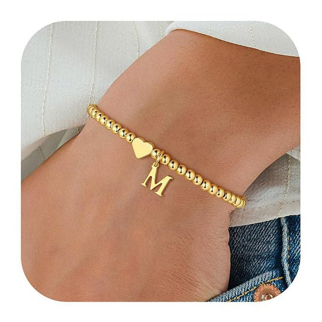 Gold Plated Stainless Steel Heart Letter Charm Bracelet for Women
