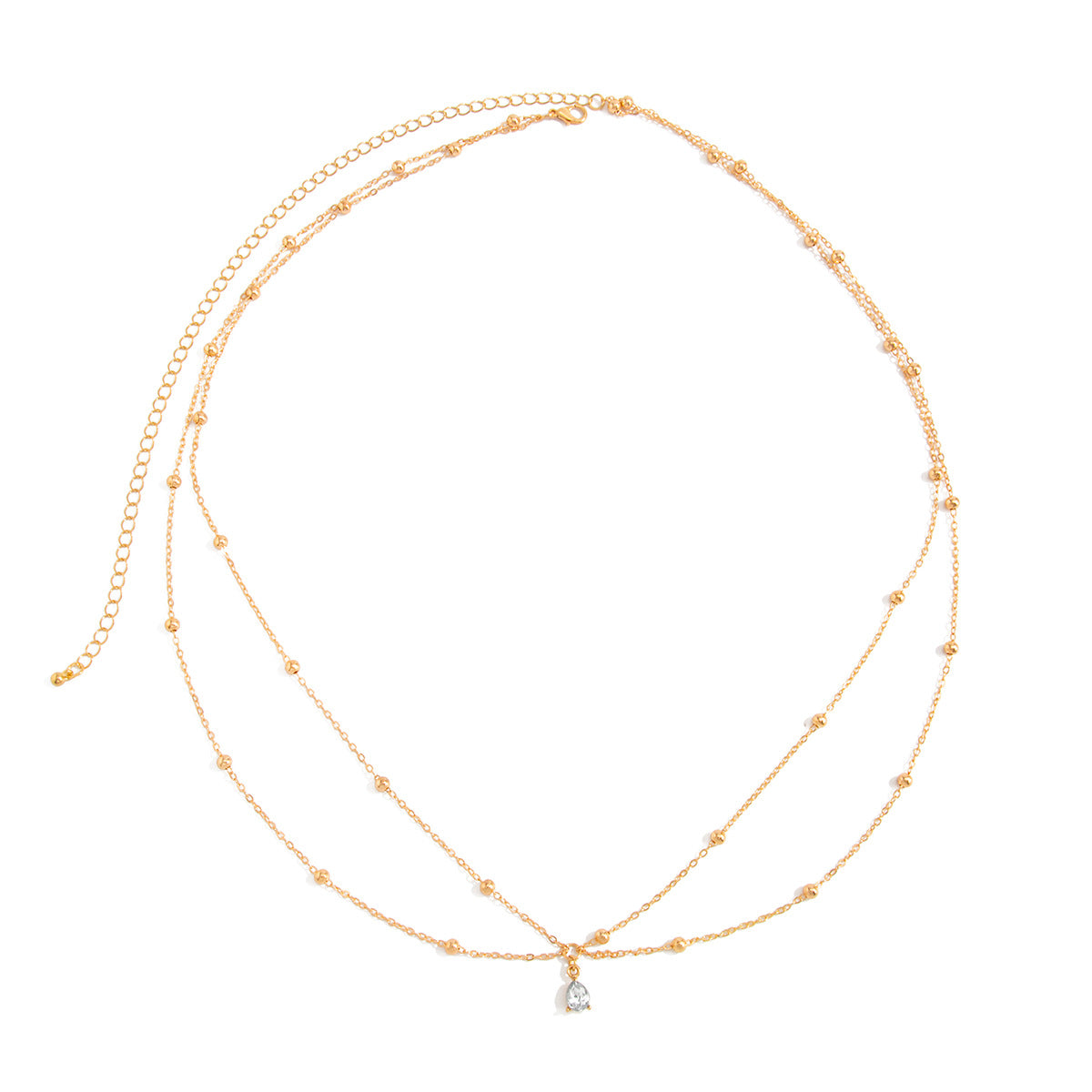 Fashion Polished Brass Teardrop Rhinestone Pendant Double Layer Ball Chain Body Chain for Women