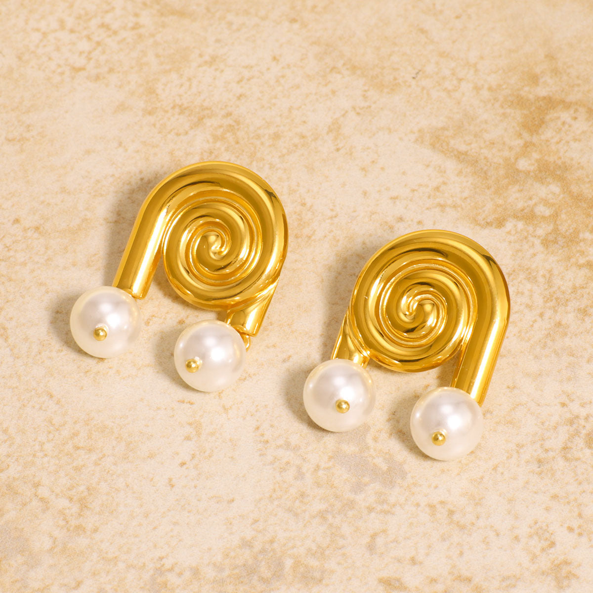 Minimalist Geometric Stainless Steel Sea Shell Pearl Stud Earrings for Women with 18K Gold Plating