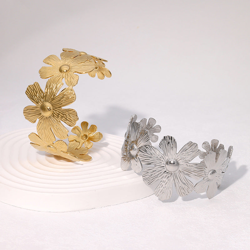 Elegant Floral Cuff Bracelet for Women in Stainless Steel with Plated Finish