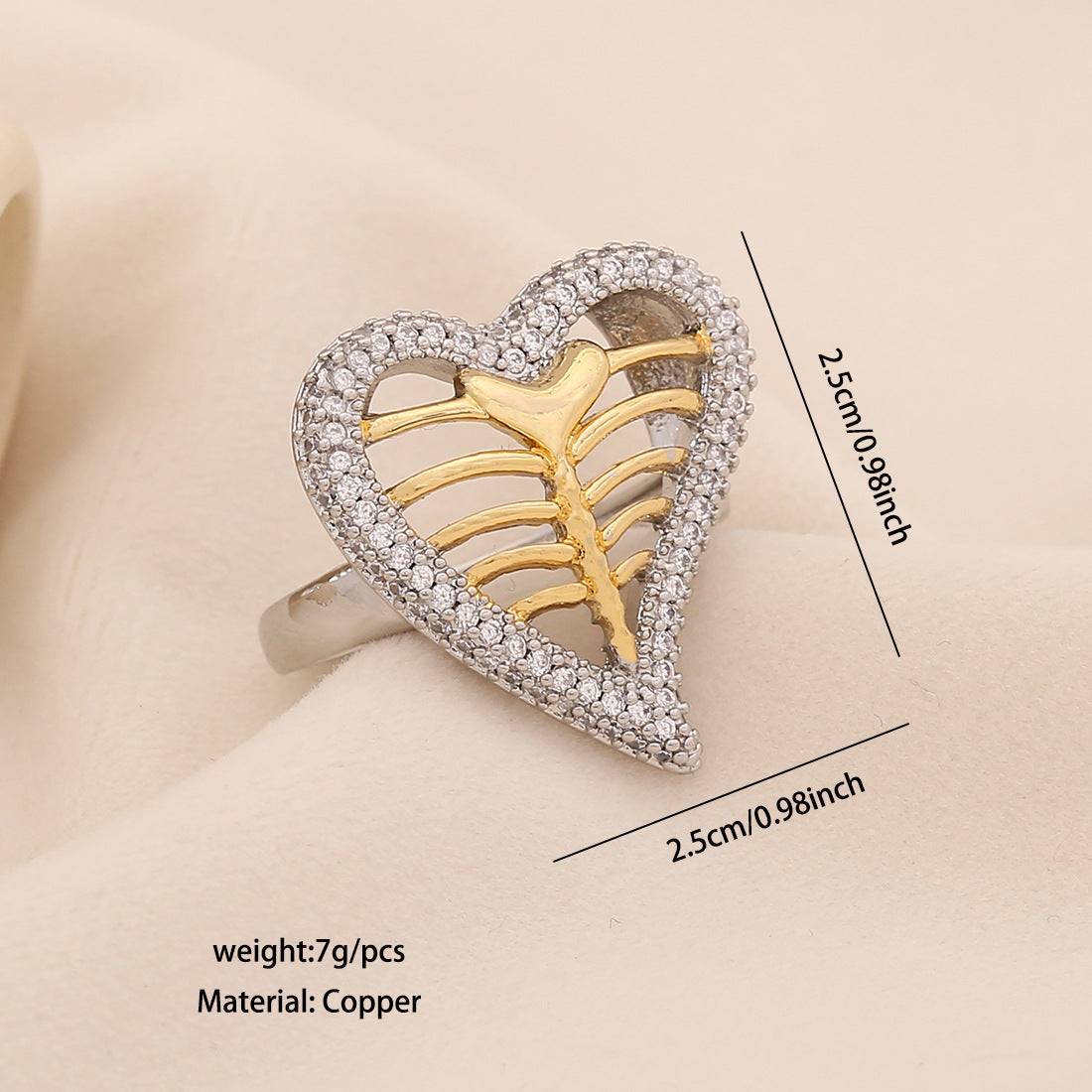 Anello da donna personalizzato in rame a forma di cuore cavo placcato oro