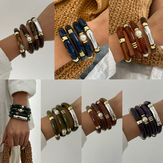 Bracciale Acrilico Vintage con Gradiente Geometrico placcato e Perline con design a Bambù