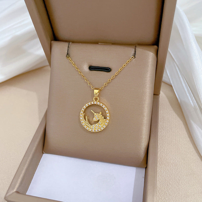 Minimalist Unicorn Pendant Necklace in Titanium Steel with Zircon Inlay for Women and Men, Delicate Clavicle Chain with Geometric Design and Moon Motif