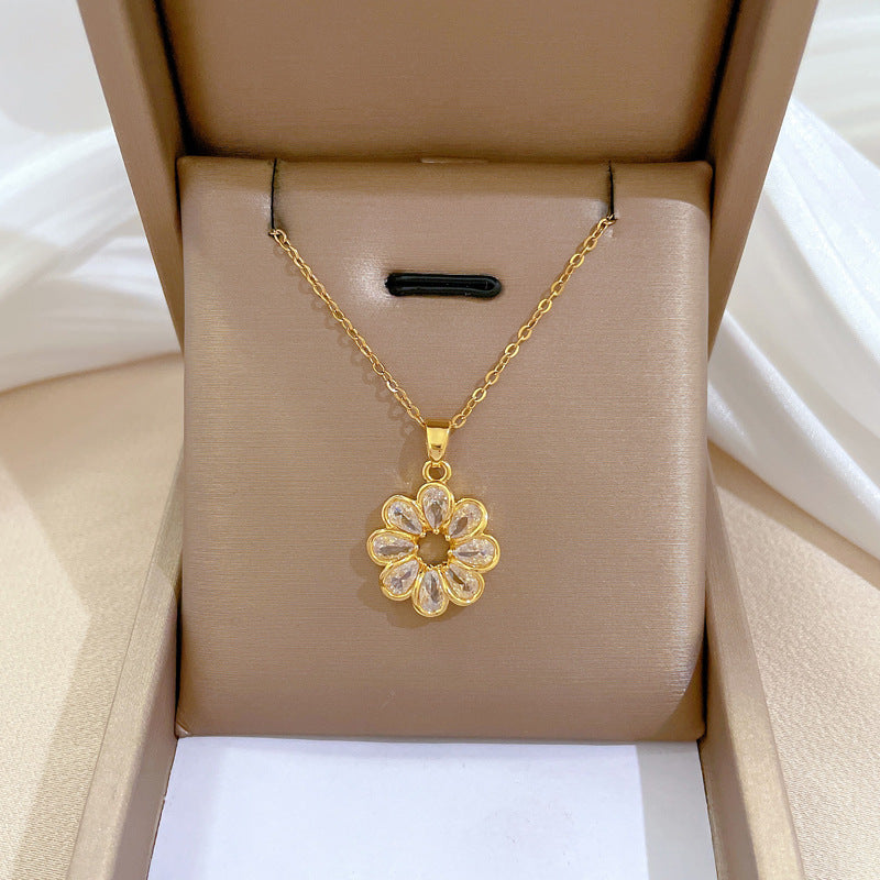Conjunto de collar y pendientes de lujo de acero de titanio con colgante geométrico redondo de flor y incrustaciones de pedrería para mujer para eventos formales